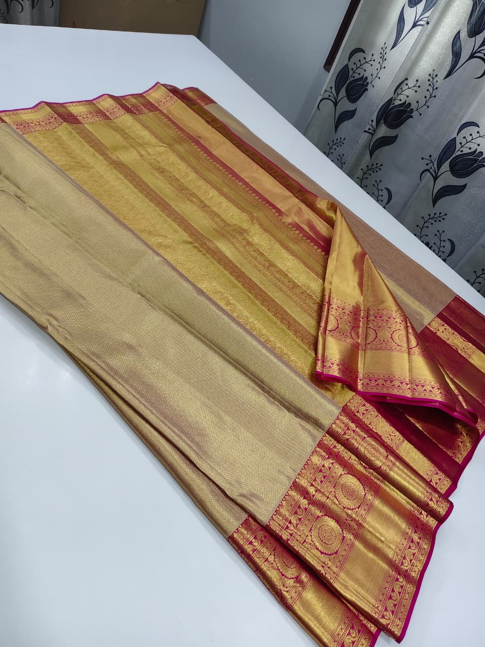Pale Gold with Magenta Pink Kanchipuram Pure Silk Long Bordered Full Tissue Bridal Designed Saree